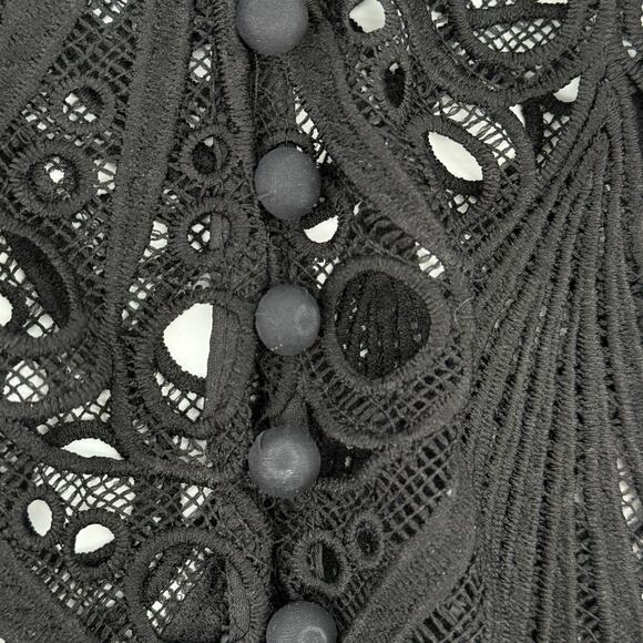 Akira Sheer Eyelet Cutout Shirt High Collar Bell Sleeve Womens Sz Medium Black - Picture 5 of 7
